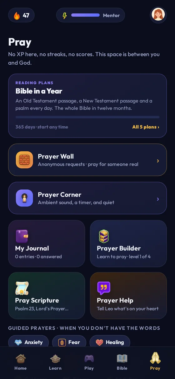The Pray tab with a prayer journal, prayer wall and guided prayers